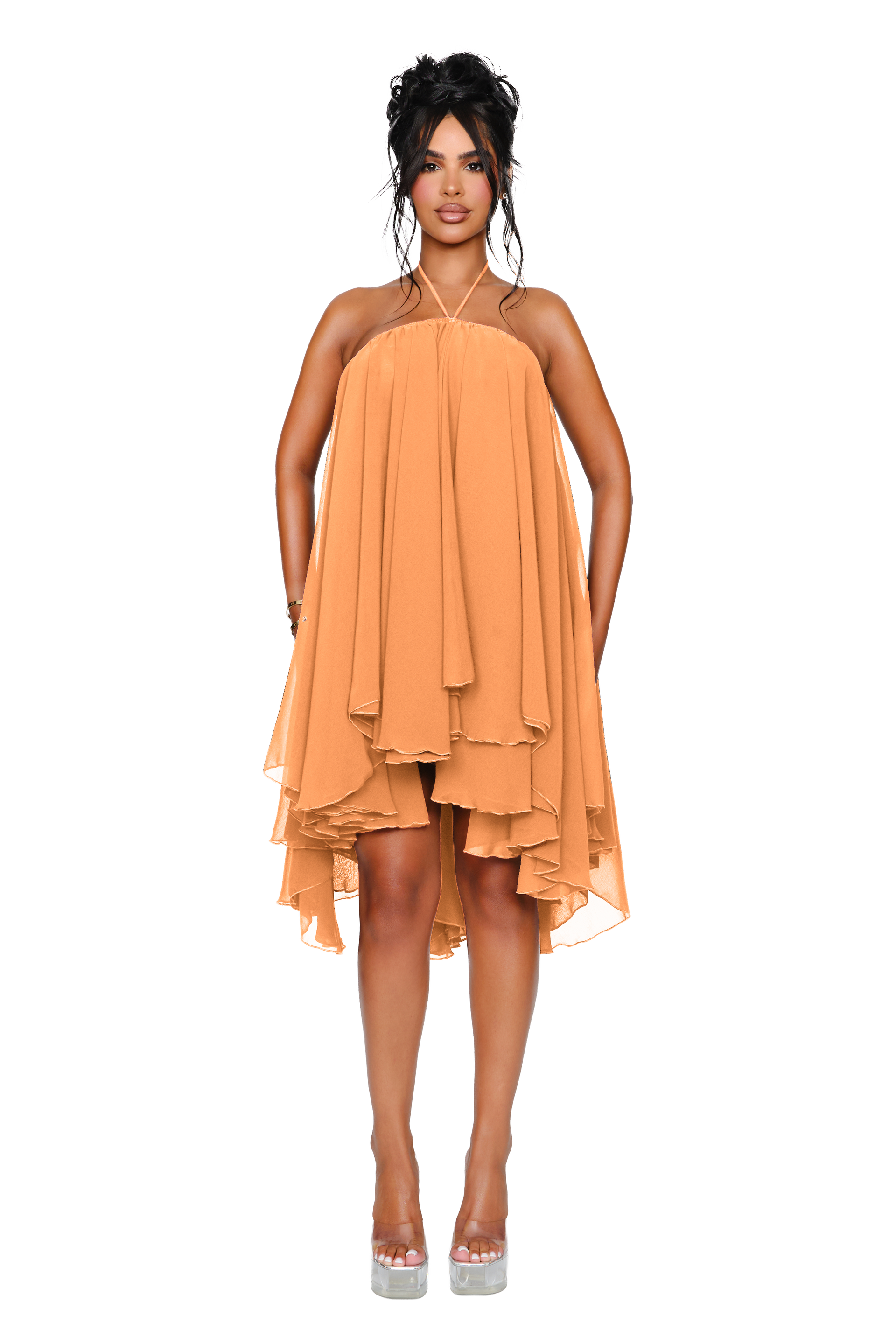 papaya cocktail dresses Peaches Mini Apron Dress in Papaya Holiday Print