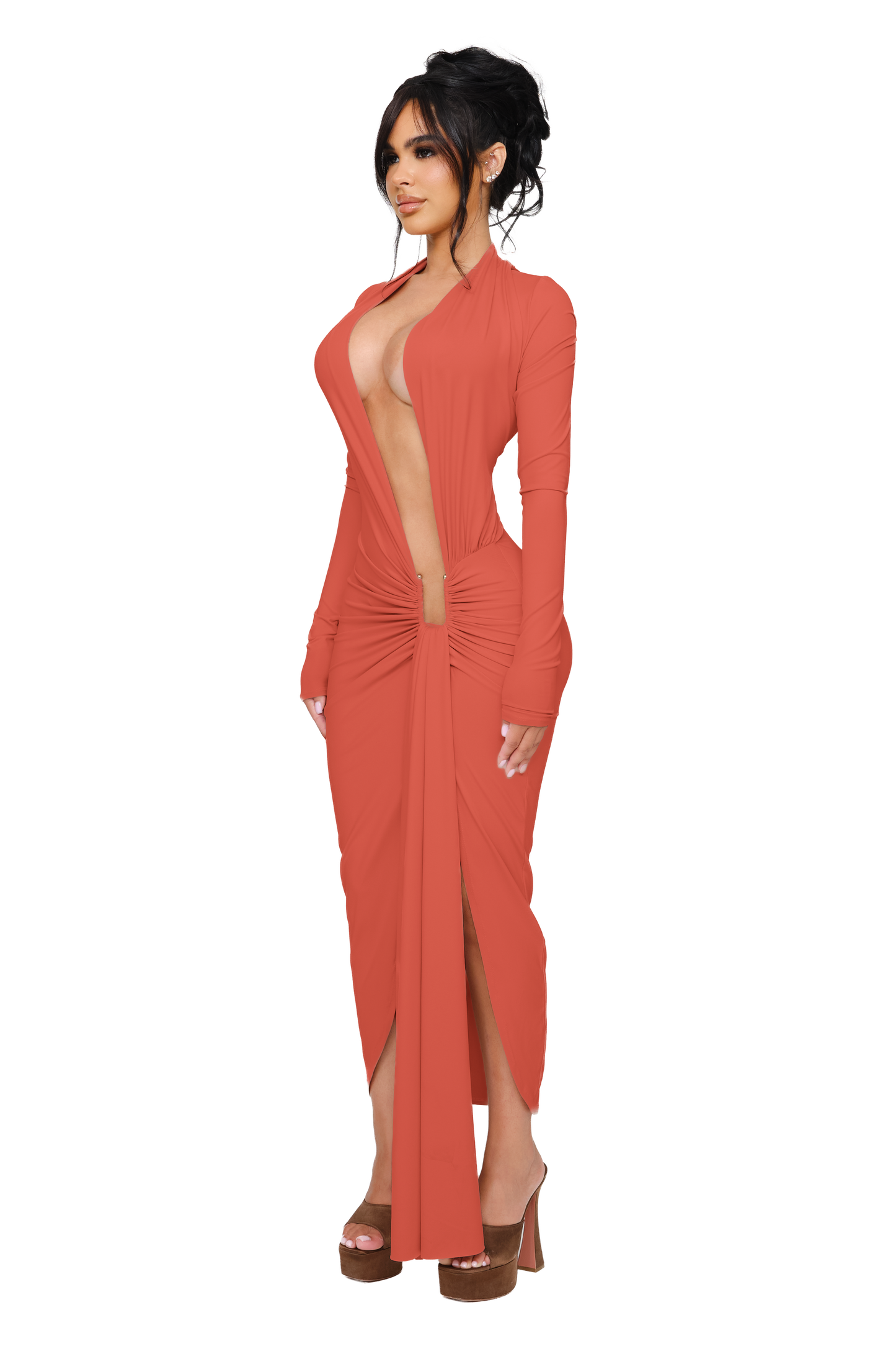 Noxra Deep Plunge Dress - Terracotta Glow