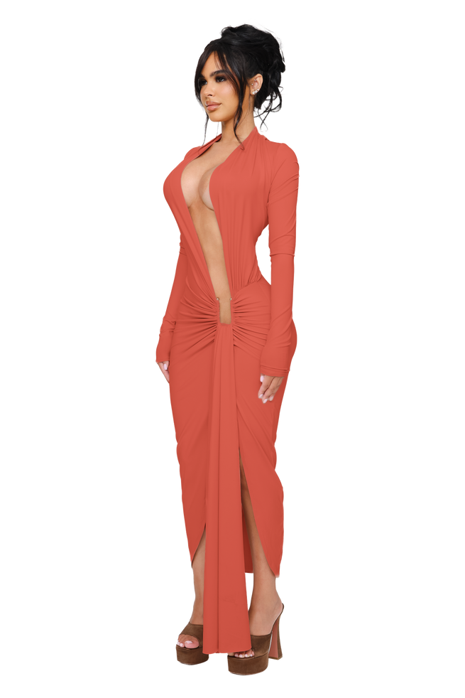 Noxra Deep Plunge Dress - Terracotta Glow