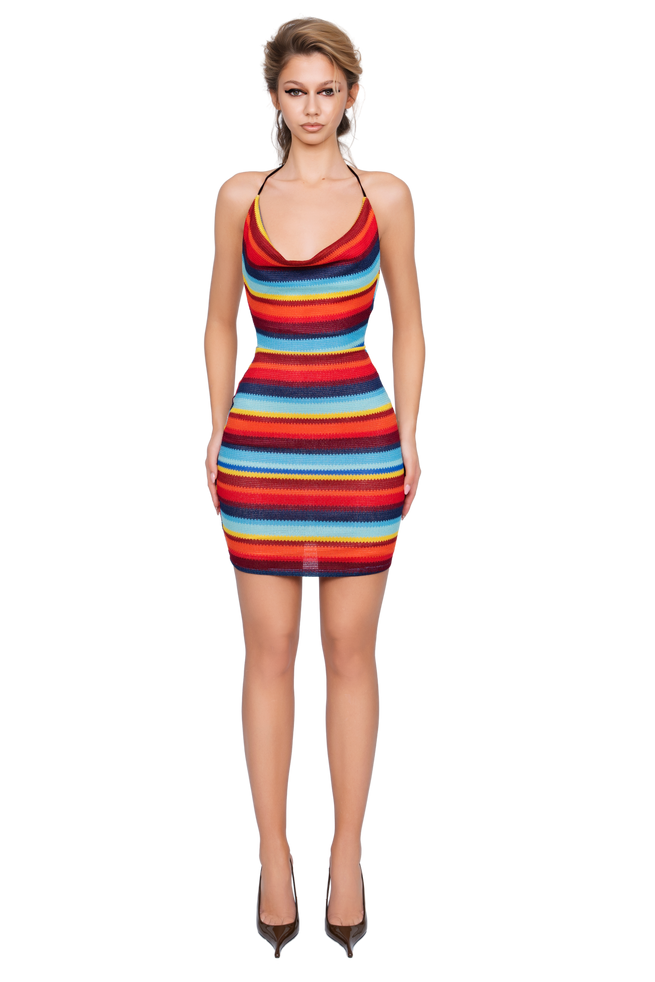 Nora Cowl Neck Mini Dress - Electric Ember Lines
