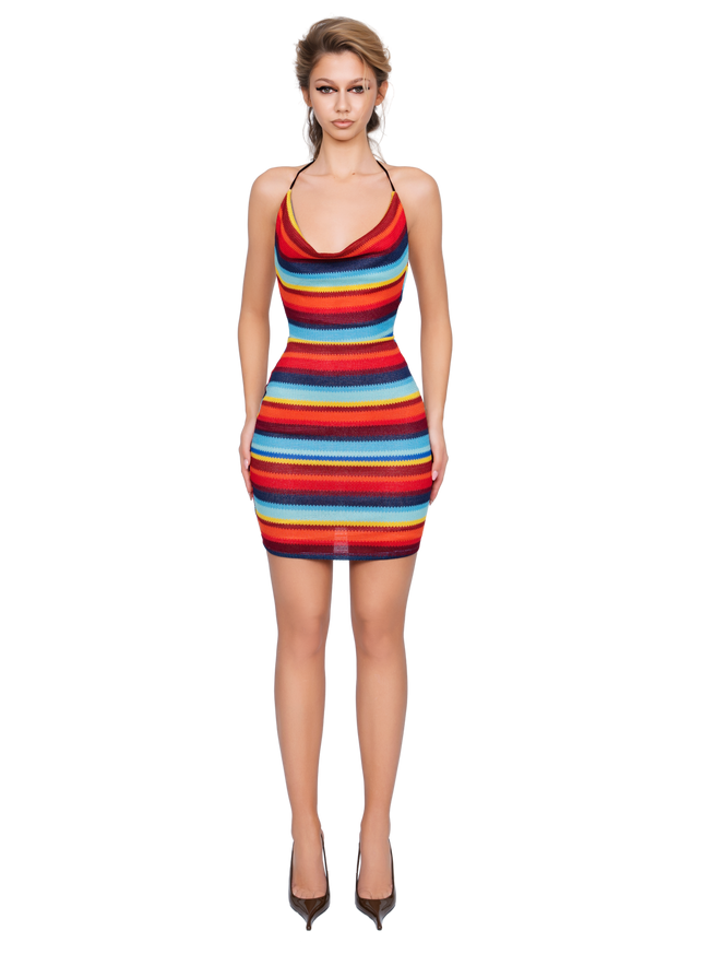 Nora Cowl Neck Mini Dress - Electric Ember Lines