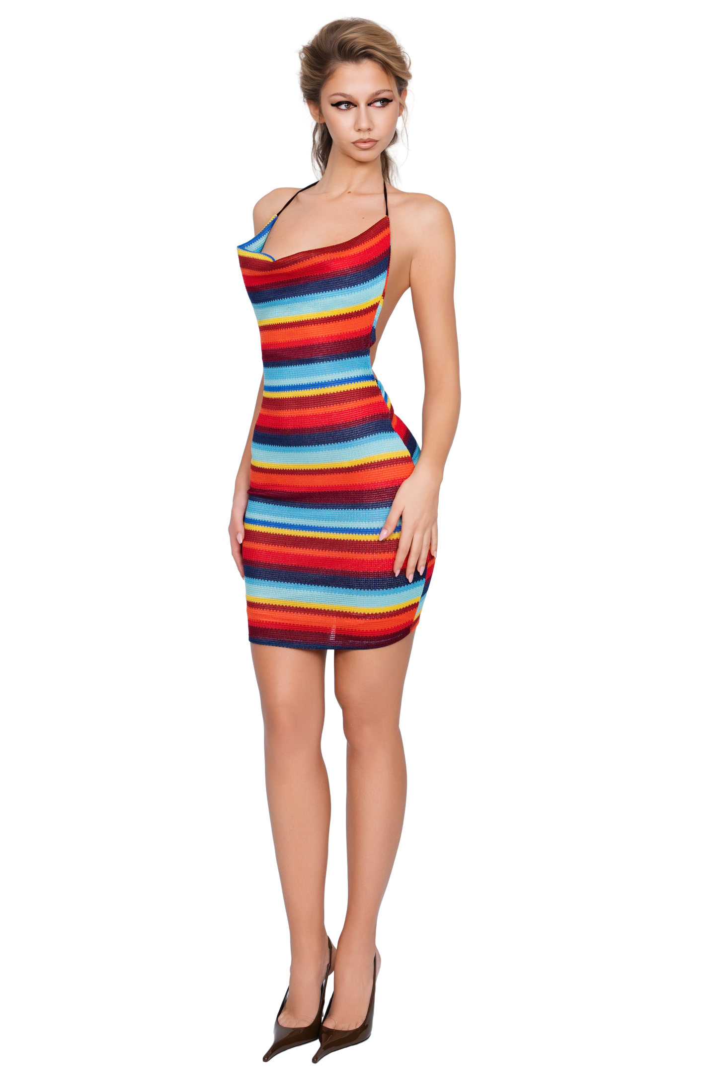 Nora Cowl Neck Mini Dress - Electric Ember Lines