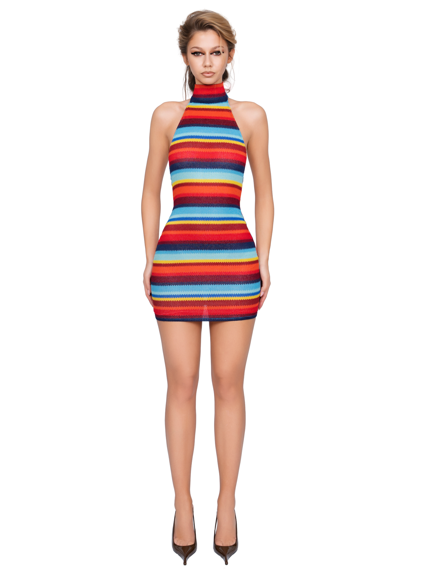 Vezzena High Neck Mini Dress - Electric Ember Lines