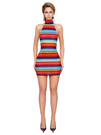 Vezzena High Neck Mini Dress - Electric Ember Lines