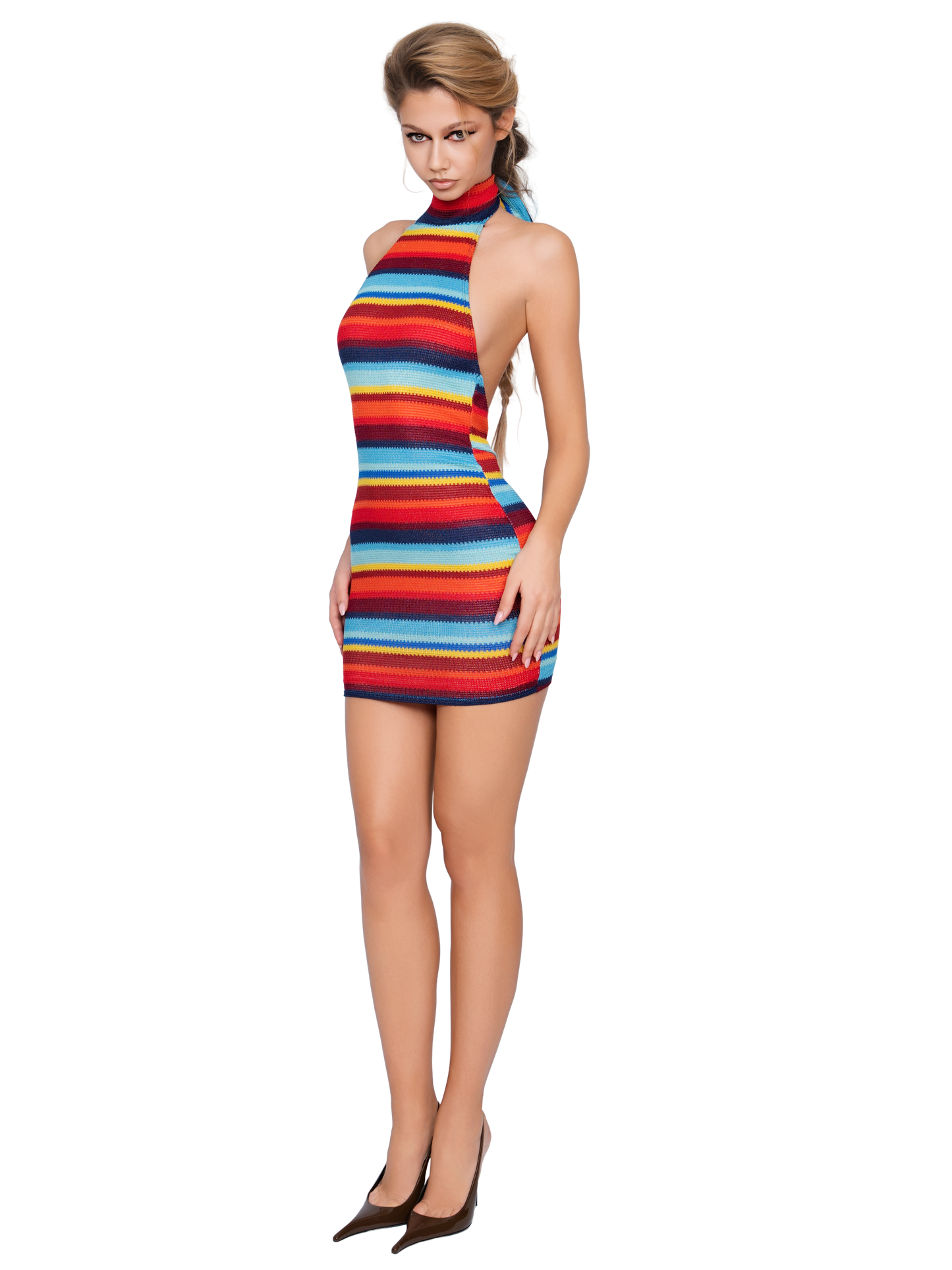 Vezzena High Neck Mini Dress - Electric Ember Lines