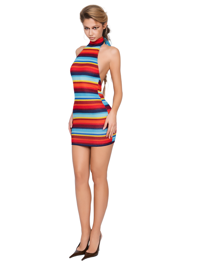 Vezzena High Neck Mini Dress - Electric Ember Lines