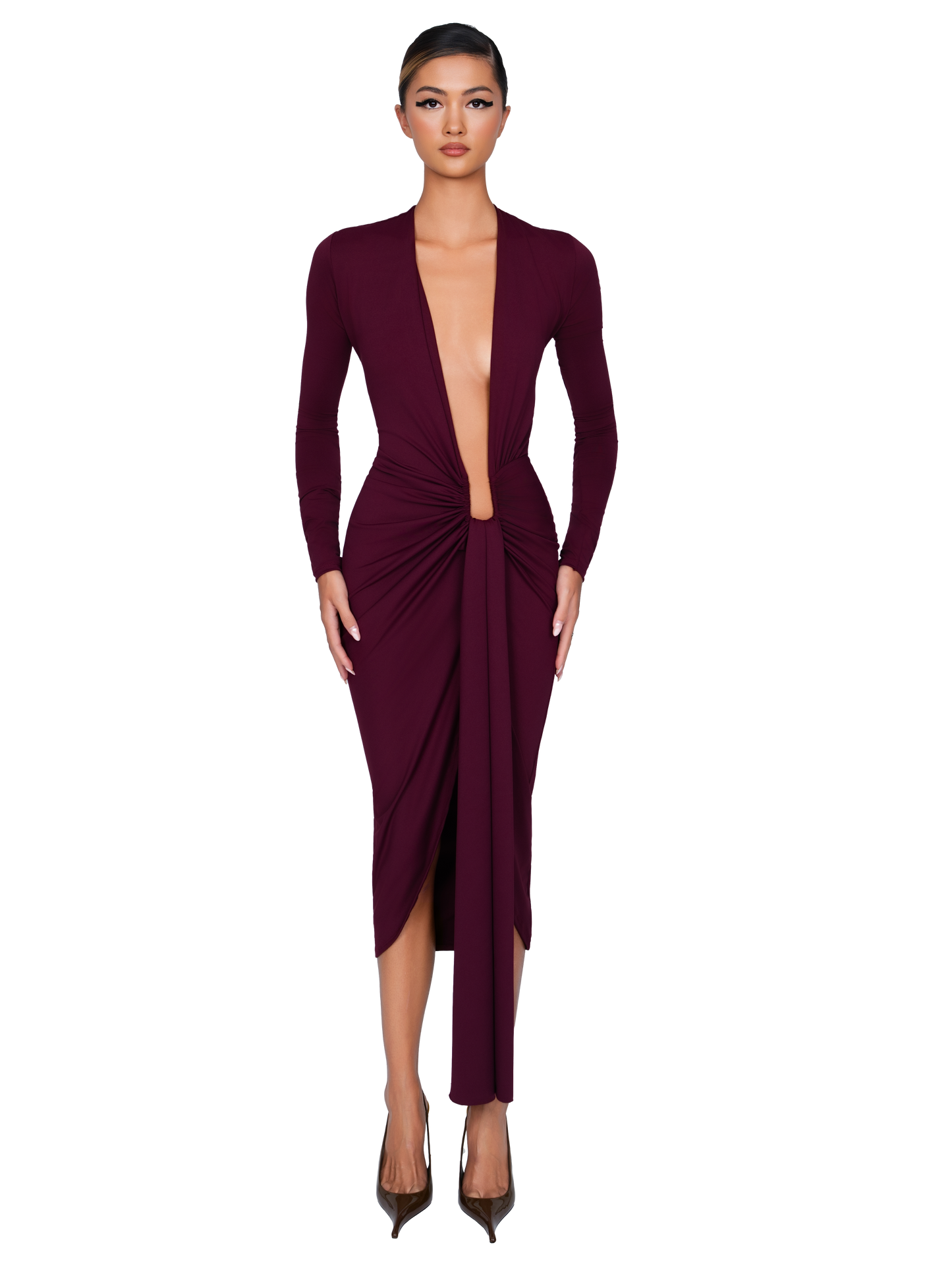 Noxra Deep Plunge Dress - Deep Berry