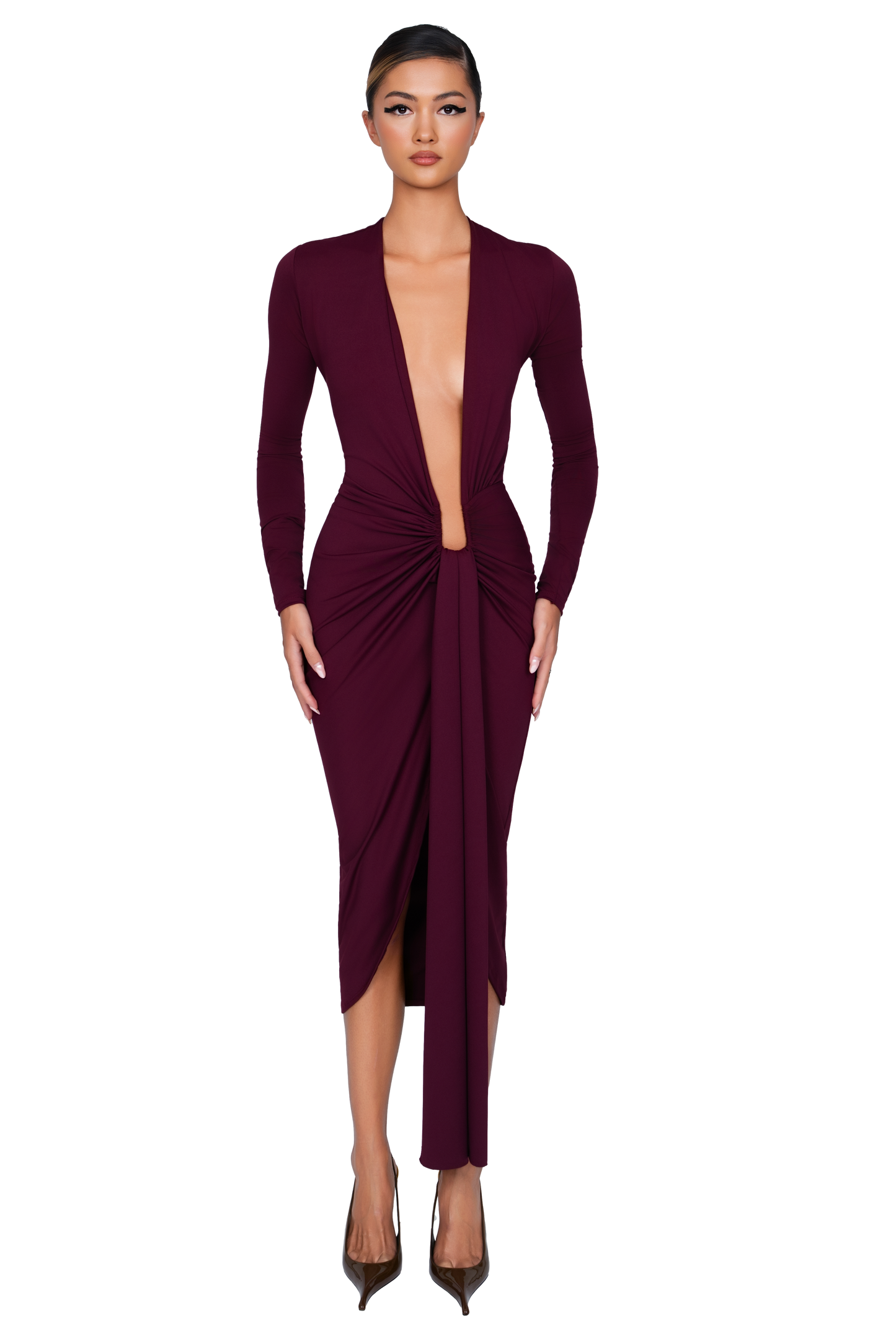 Noxra Deep Plunge Dress - Deep Berry