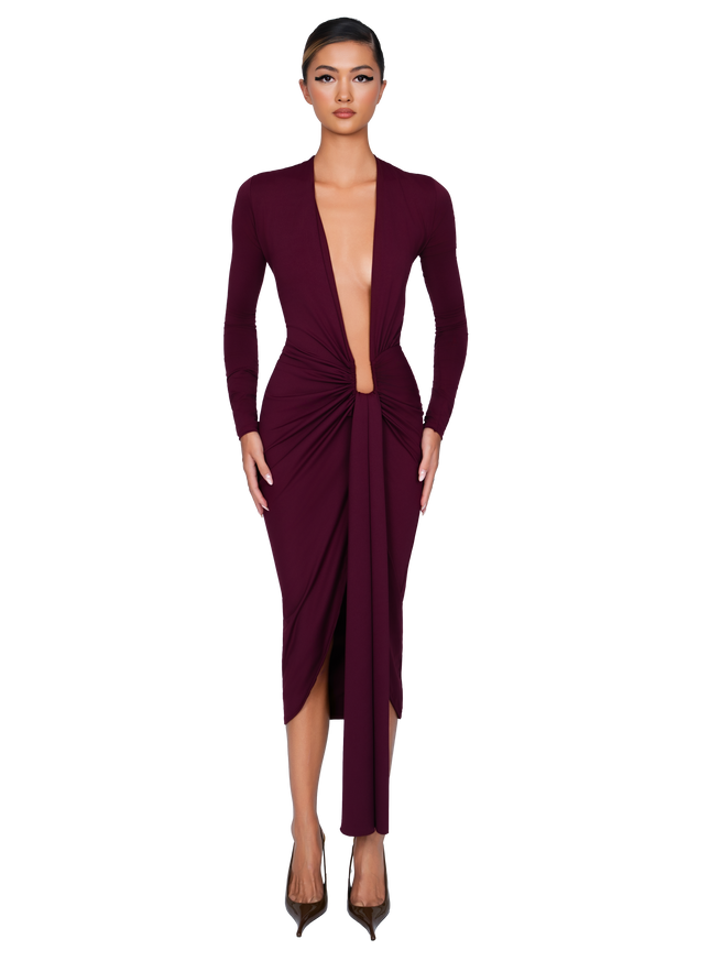 Noxra Deep Plunge Dress - Deep Berry