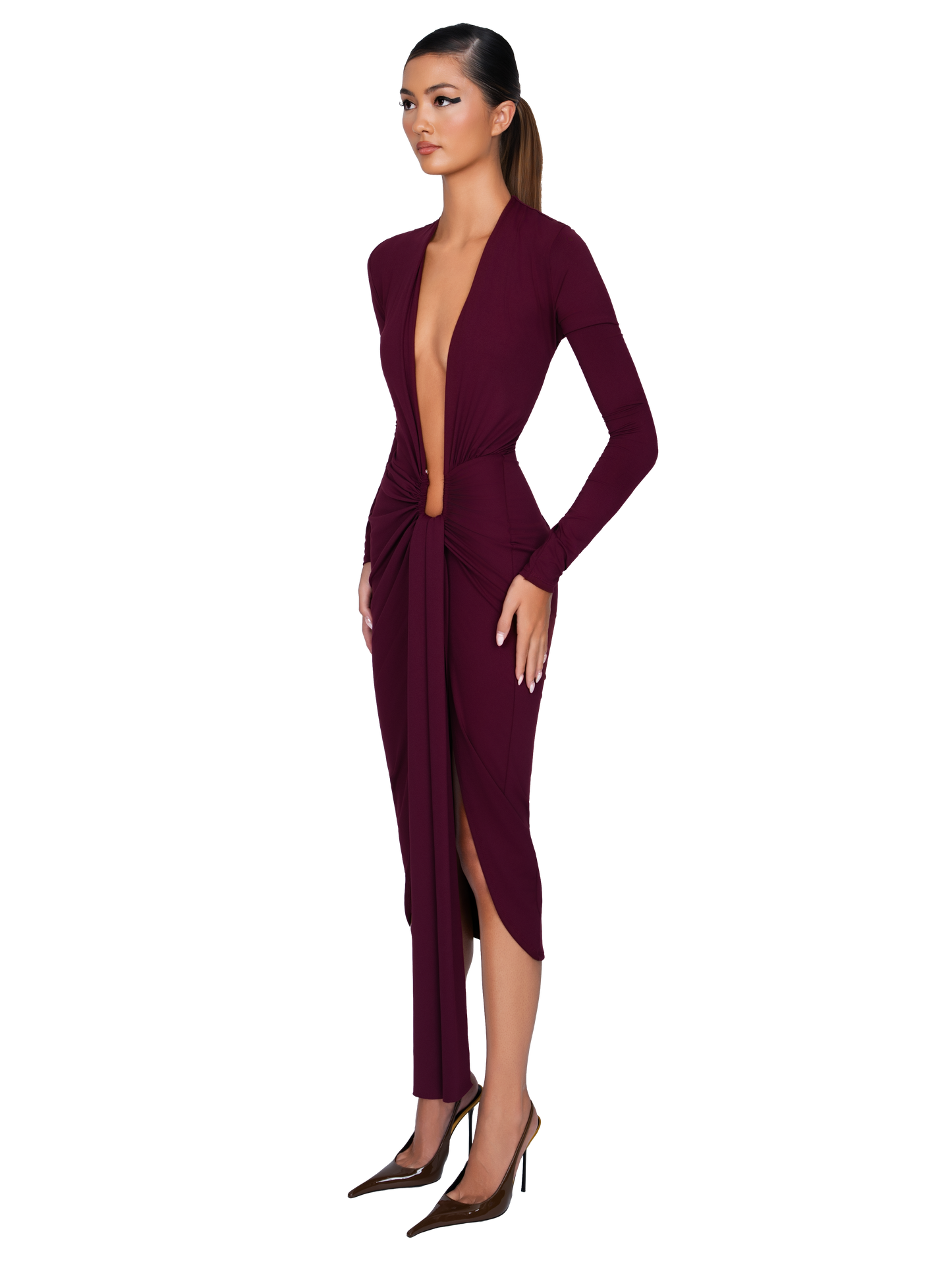 Noxra Deep Plunge Dress - Deep Berry
