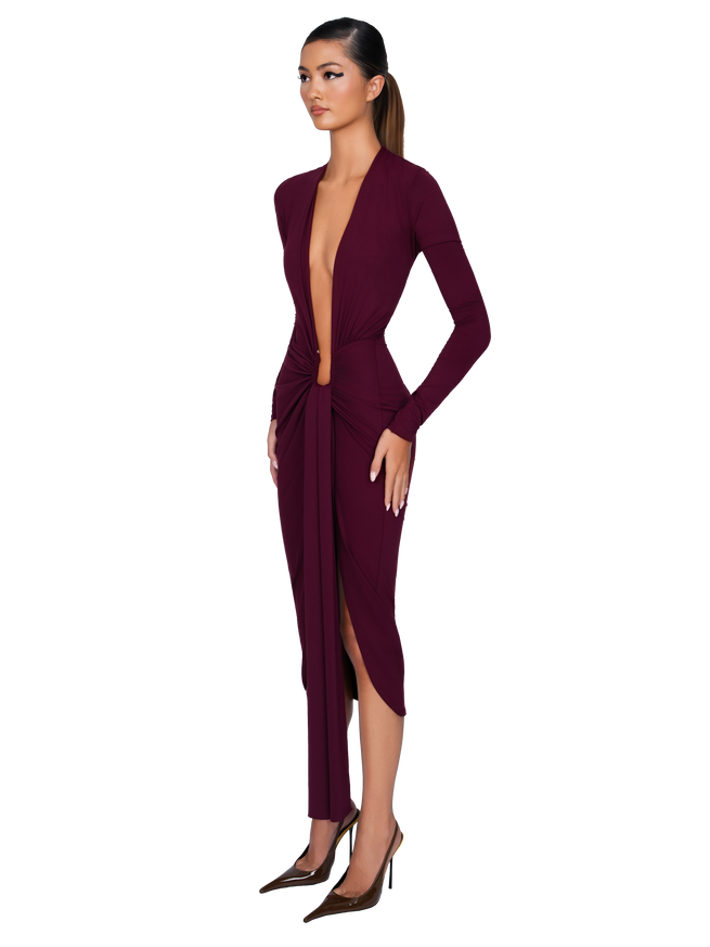 Noxra Deep Plunge Dress - Deep Berry