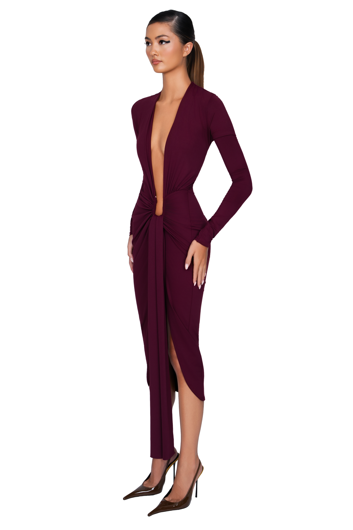 Noxra Deep Plunge Dress - Deep Berry