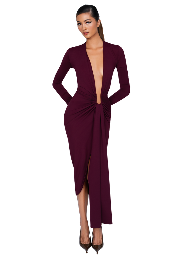 Noxra Deep Plunge Dress - Deep Berry