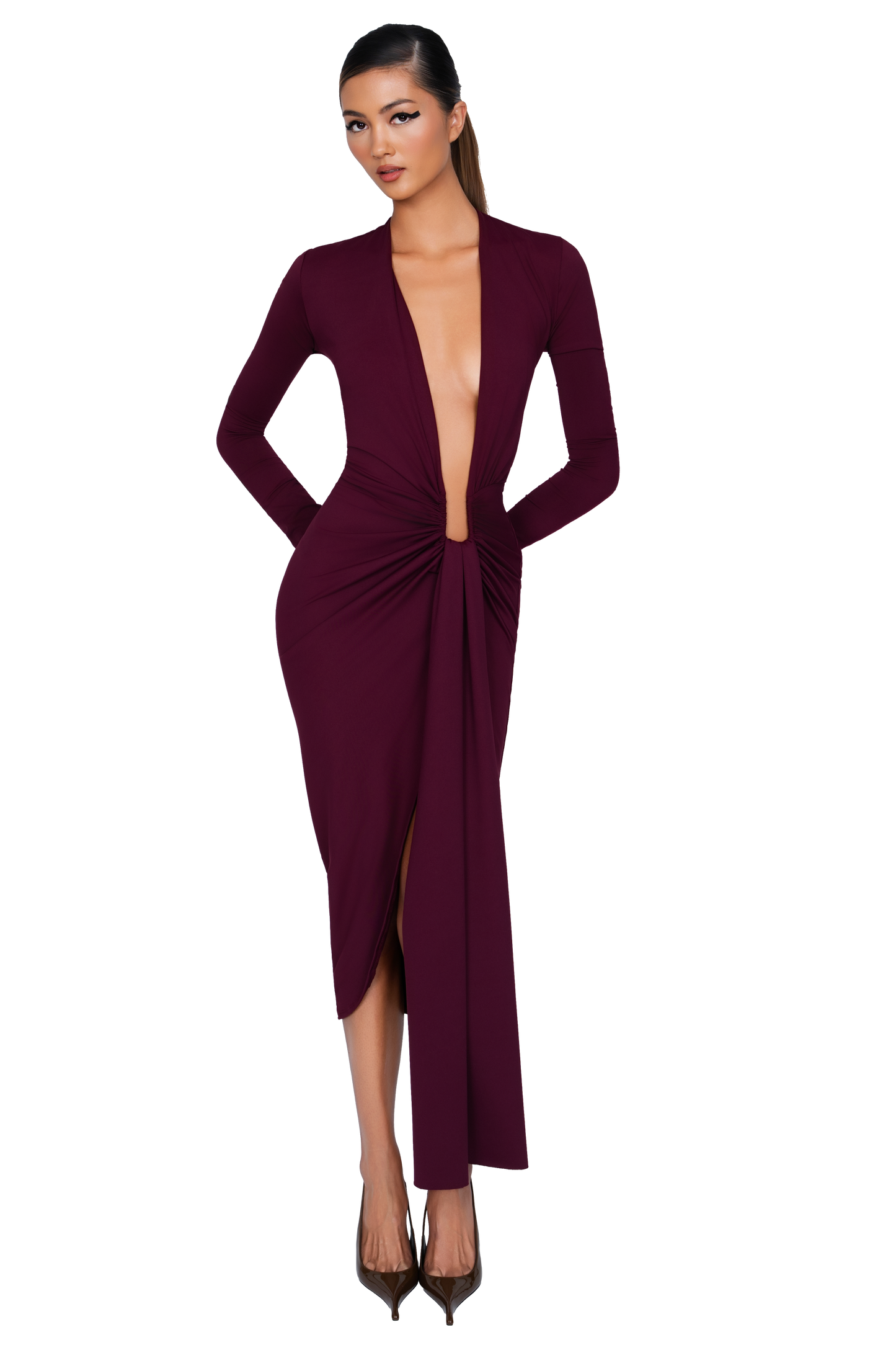 Noxra Deep Plunge Dress - Deep Berry