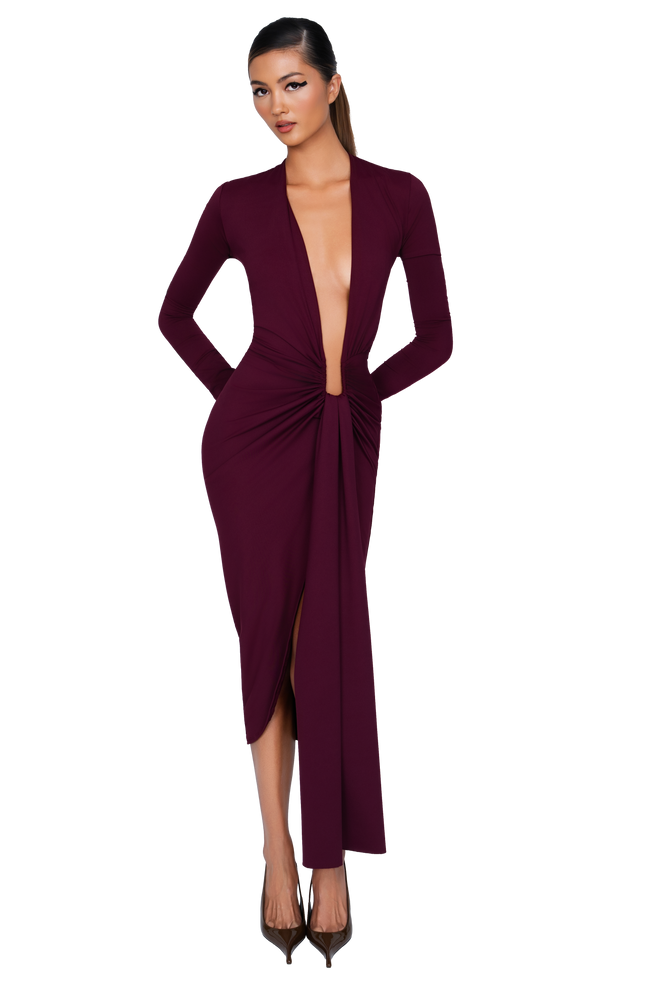 Noxra Deep Plunge Dress - Deep Berry