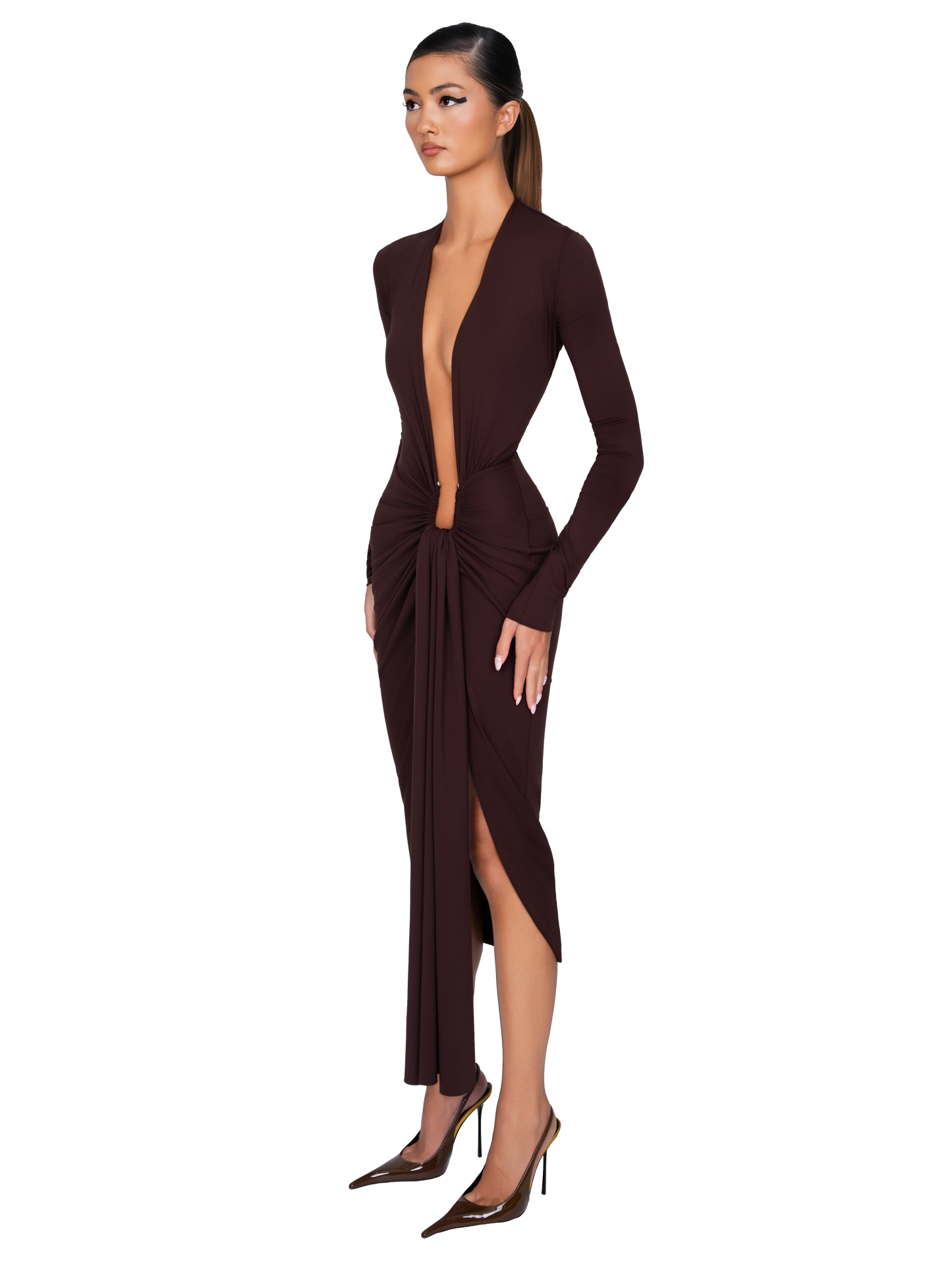 Noxra Deep Plunge Dress - Cocoa Noir