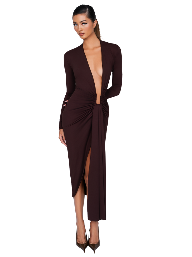 Noxra Deep Plunge Dress - Cocoa Noir